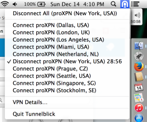 Screenshot of Tunnelblick selecting proXPN server.